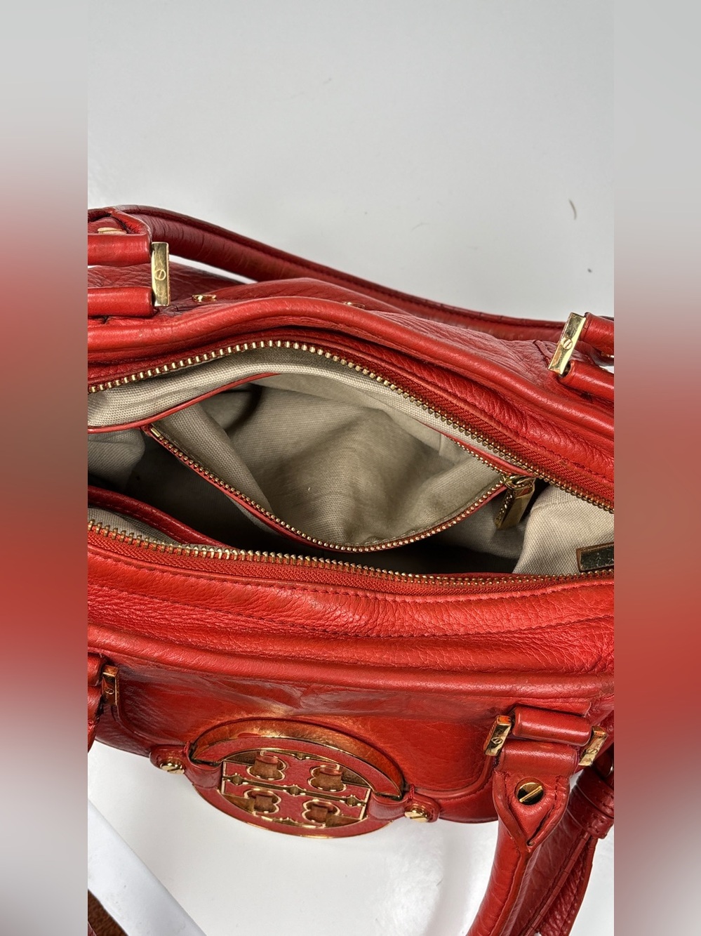 Tory burch Red Orange Amanda - Leather Shoulder Tote Bag with Gold Accents. - Picture 11 of 13